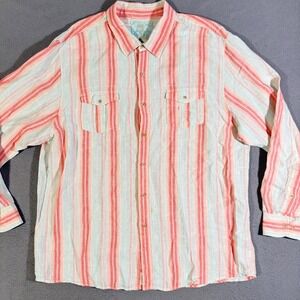 Islander XXL Linen Shirt Striped Button Down Long Sleeve‎ Coral Turquoise Men's